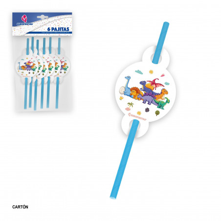 Pajitas de cartón con decoración de dinosaurios para fiestas infantiles