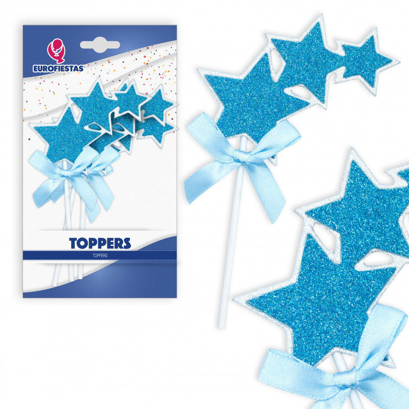 Topper de estrellas azules con purpurina y lazo