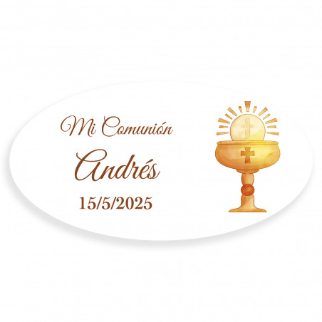 Adhesivo de comunión ovalado cáliz personalizado para detalles