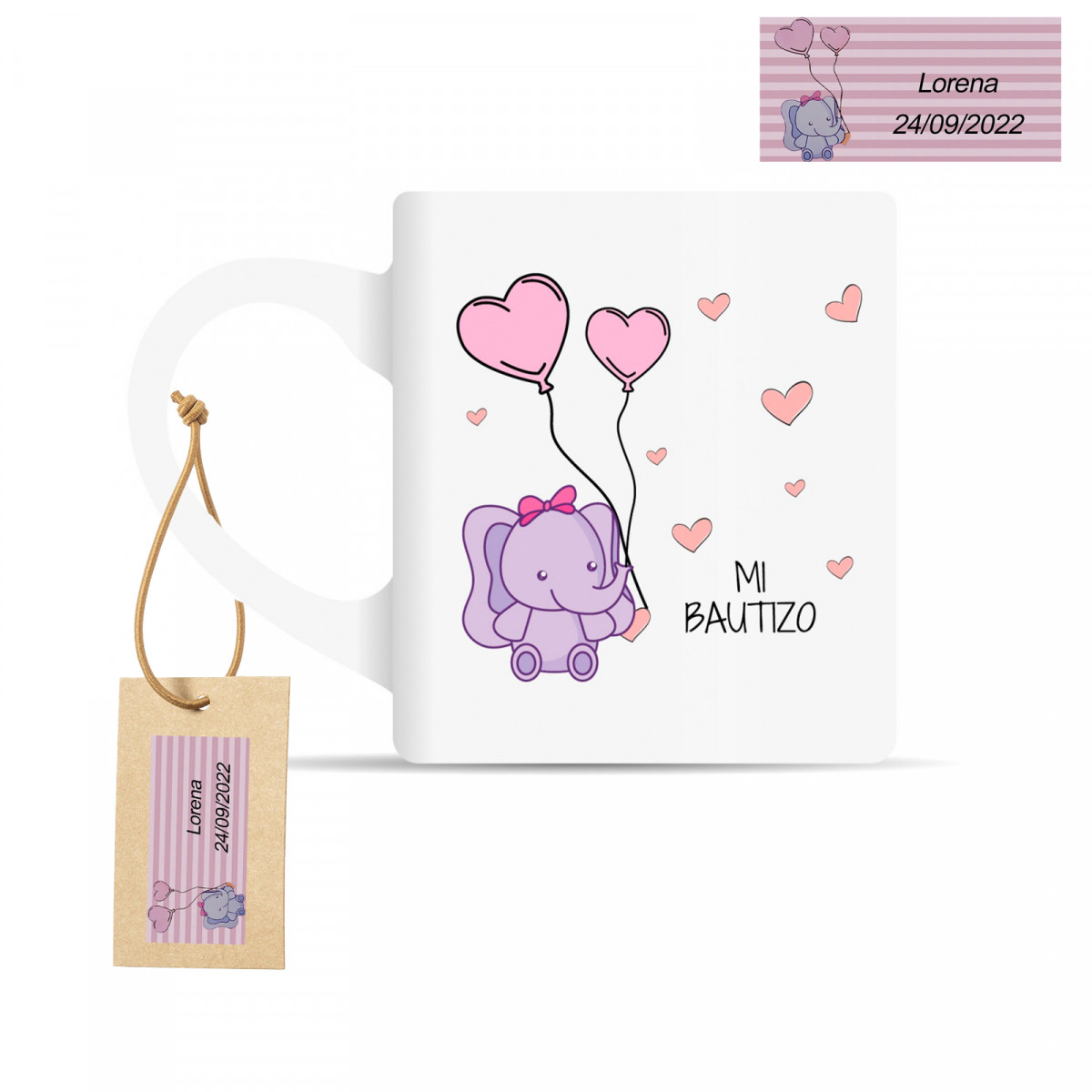 Taza con motivo de elefante rosa y etiqueta personalizada para bautizo bebé