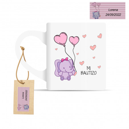 Taza con motivo de elefante rosa y etiqueta personalizada para bautizo bebé