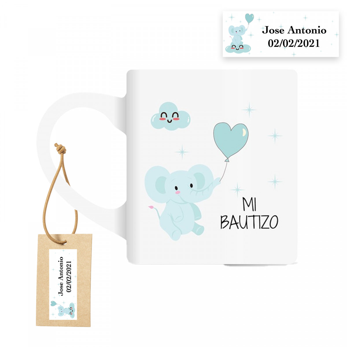 Taza de cerámica con motivo de elefante celeste y etiqueta personalizada para bautizo bebé