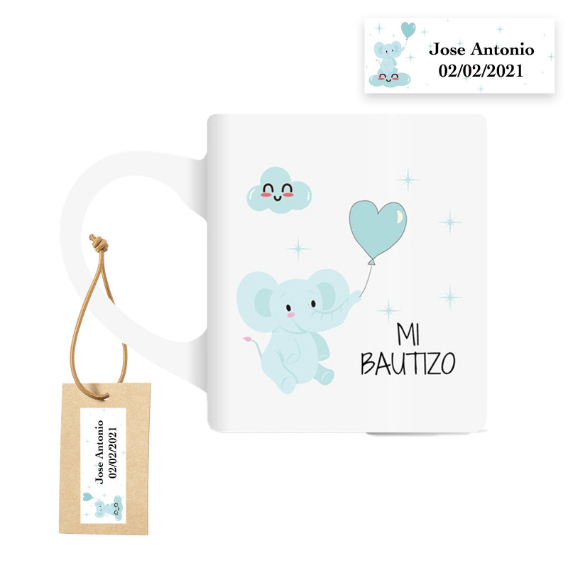 Taza de cerámica con motivo de elefante celeste y etiqueta personalizada para bautizo bebé