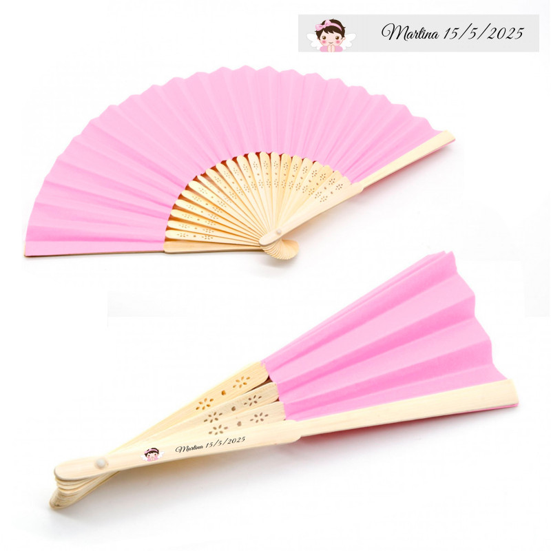 Abanico rosa de madera con adhesivo ángel para detalles de Bautizo