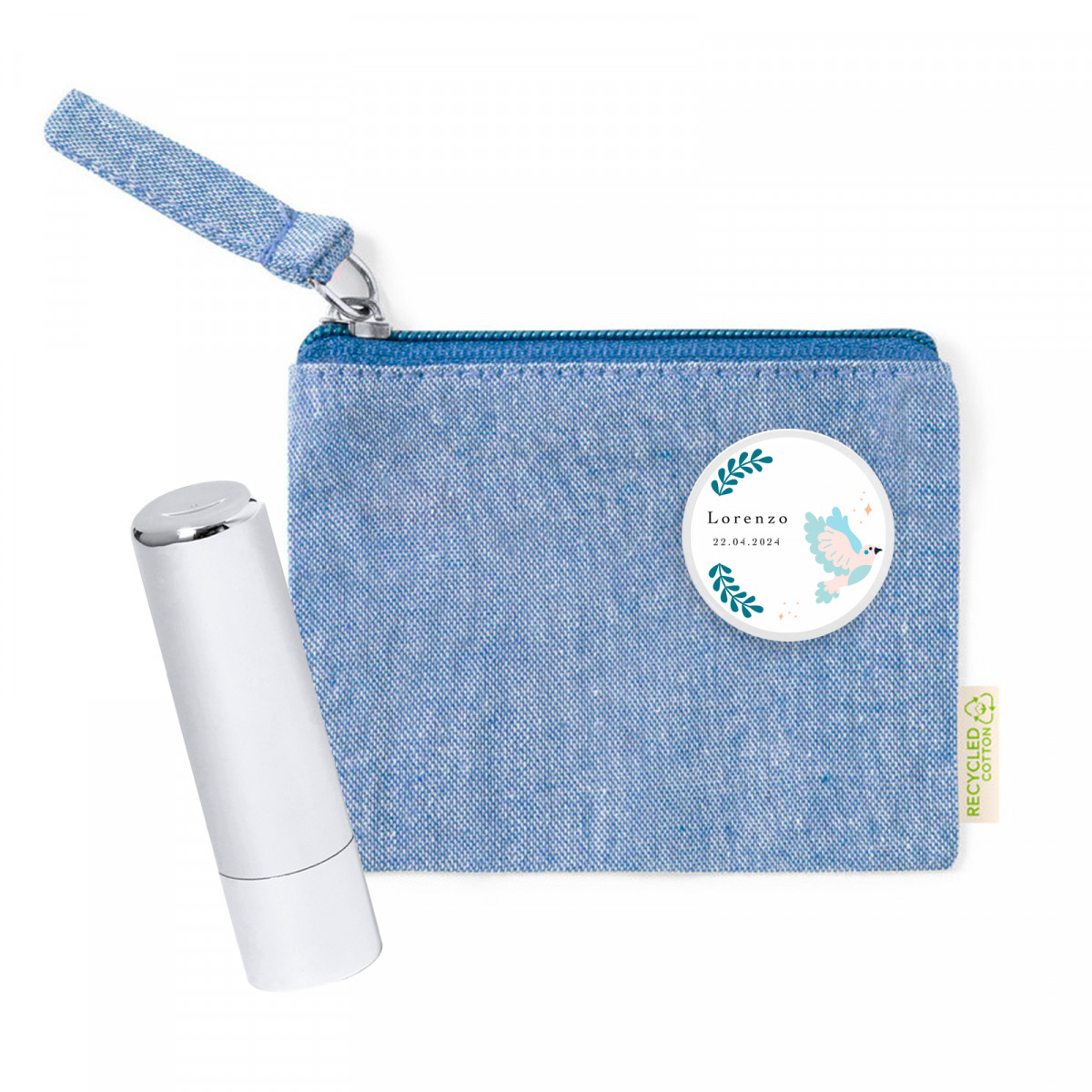 Monedero azul y bálsamo labial plateado con chapa personalizada para regalar