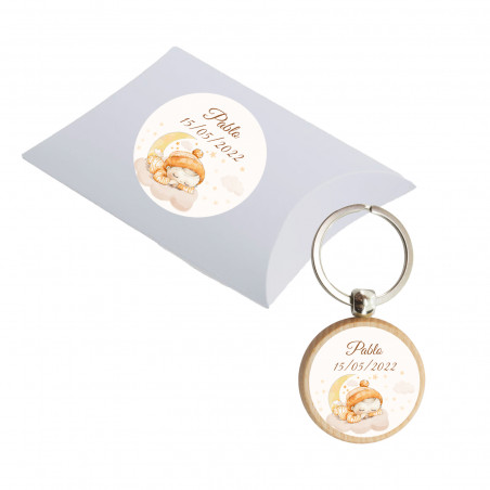 Llavero de madera redondo personalizado con caja blanca para Bautizos