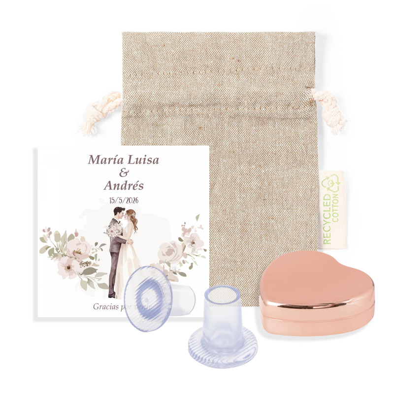 Protector de tacones y bálsamo labial forma de corazón en bolsa de tela con tarjeta personalizable para Bodas