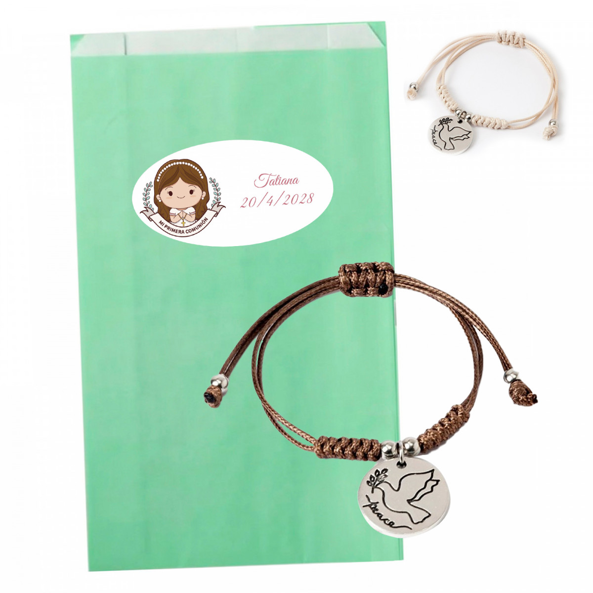 Pulsera de comunión paloma de la paz en bolsa verde agua con adhesivo personalizable