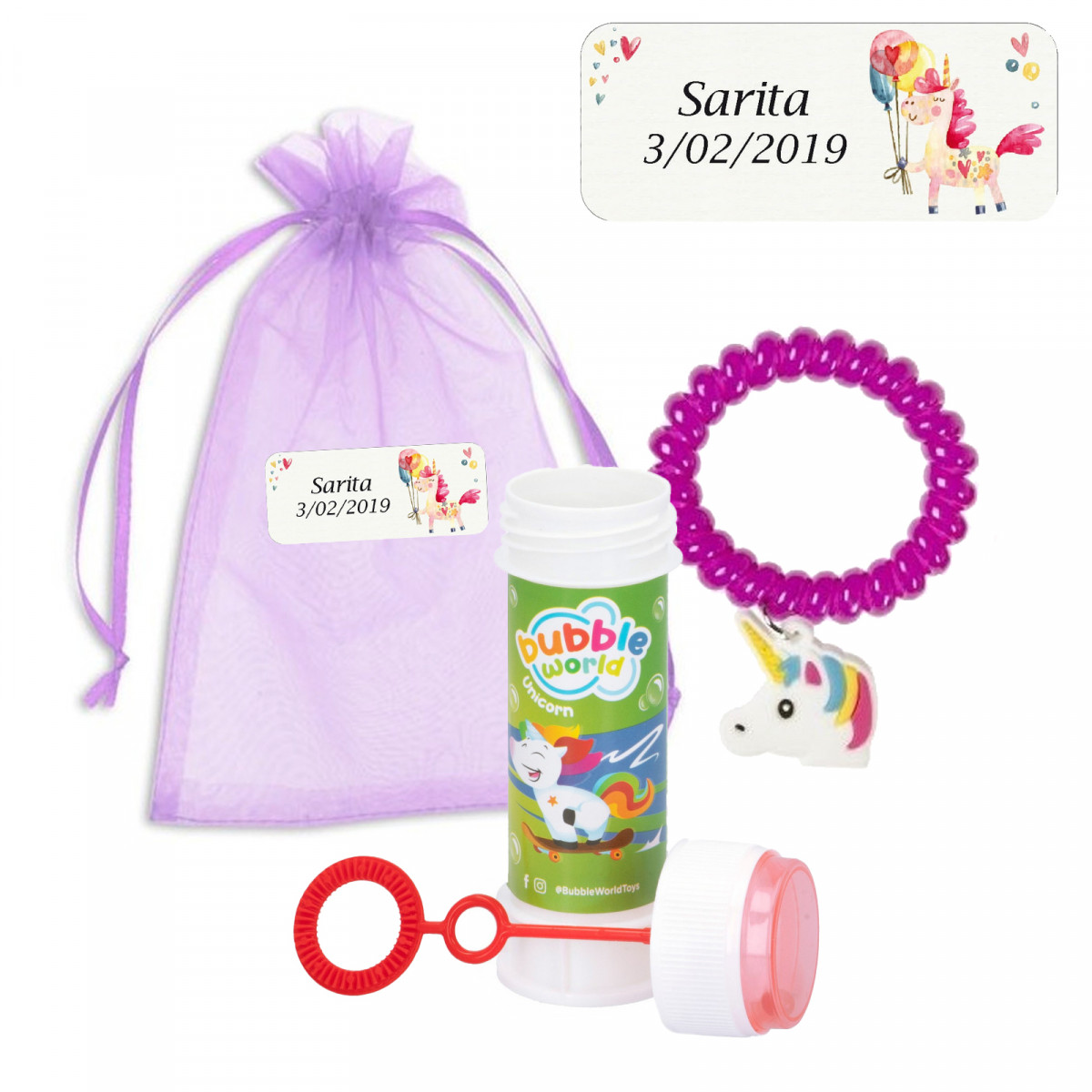 Pulsera de unicornio y pompero en bolsa de organza morada con etiqueta de unicornio para invitados