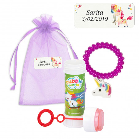 Pulsera de unicornio y pompero en bolsa de organza morada con etiqueta de unicornio para invitados