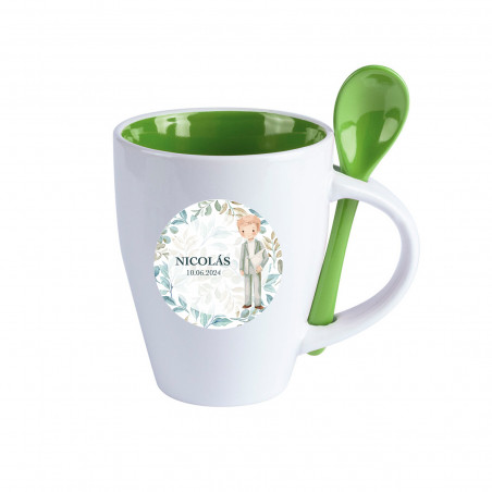 Taza de cerámica con cuchara verde personalizada y adhesivo de niño de Comunión