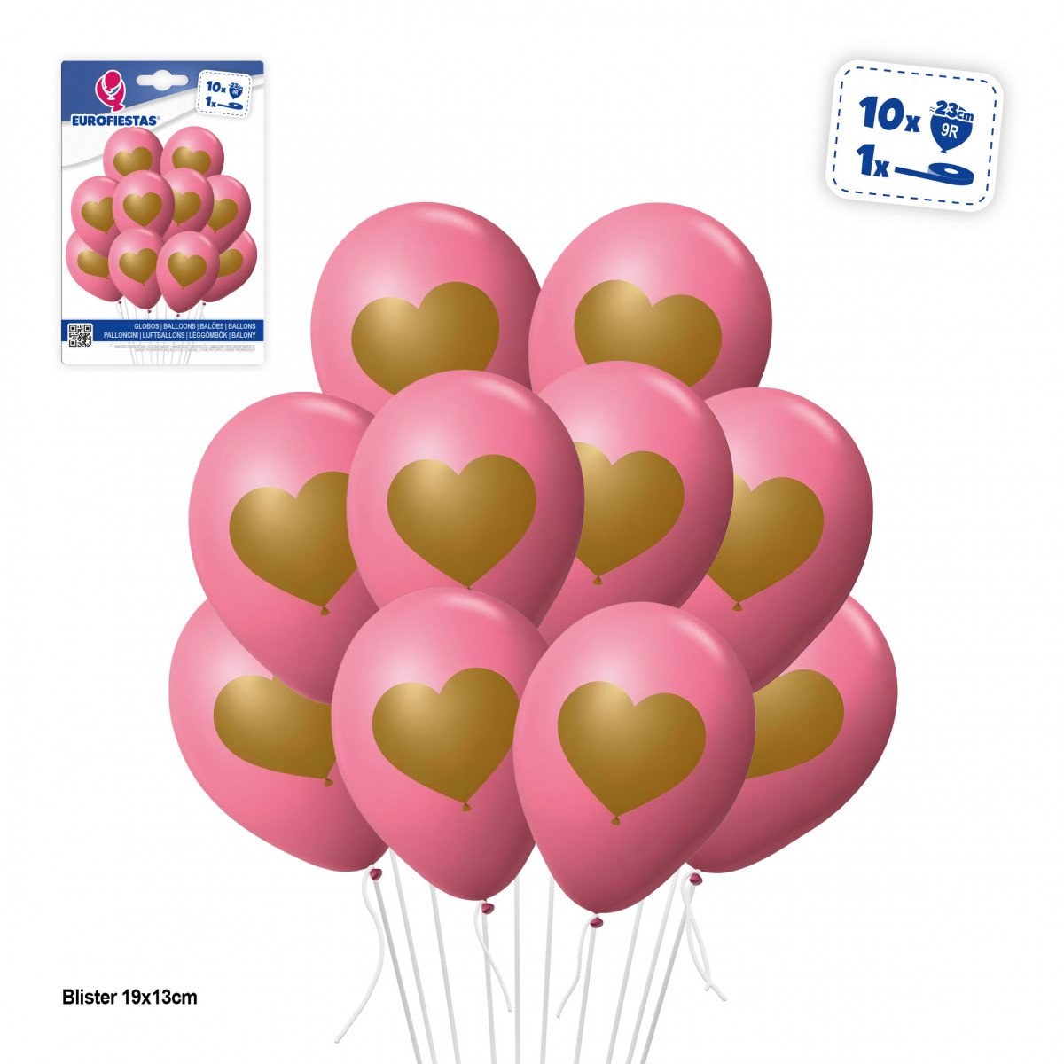 Globos rosas con corazón dorado 10 unidades para decorar