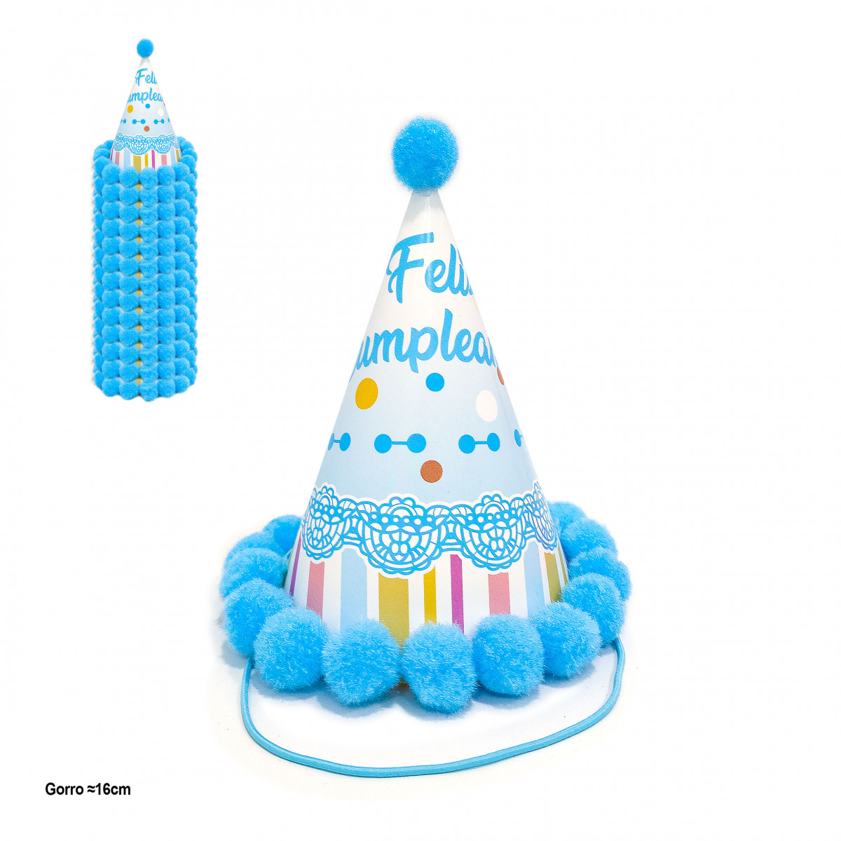 Gorro de fiesta con pompones azules y diseño de cumpleaños 16cm