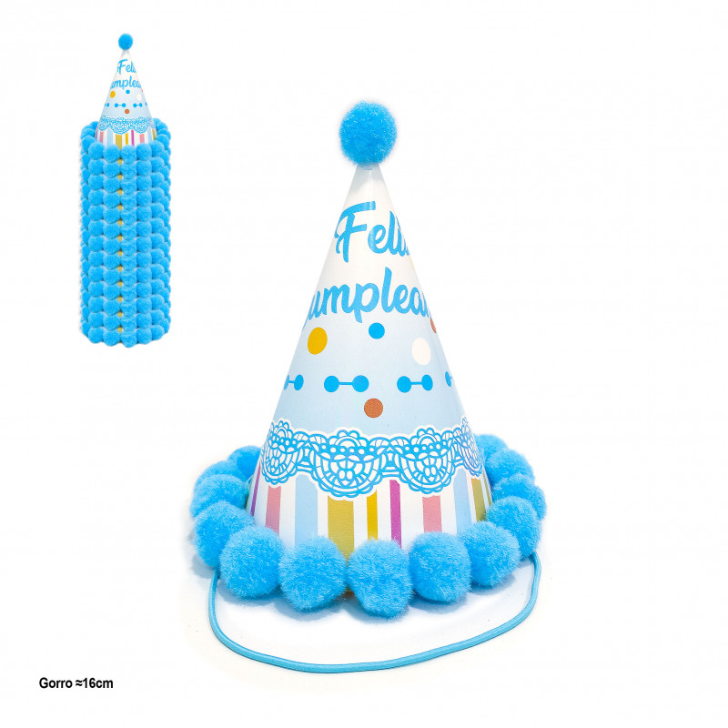 Gorro de fiesta con pompones azules y diseño de cumpleaños 16cm