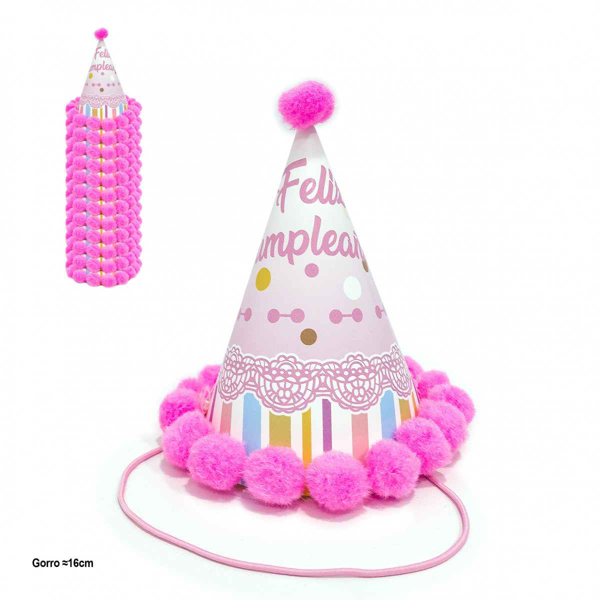 Gorro Rosa Con Texto Feliz Cumpleaños En Oro Metalizado 20Cm