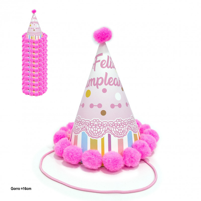 Gorro de fiesta con pompones rosas y diseño de cumpleaños 16cm