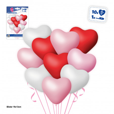 Globos corazón rojos rosas y blancos 12 unidades para decorar