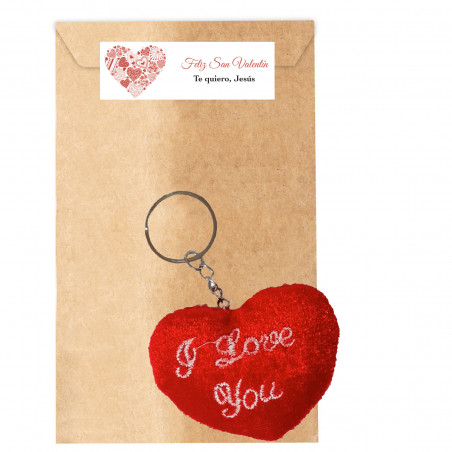 Llavero de corazón rojo con sobre kraft personalizado detalle romántico para san valentín