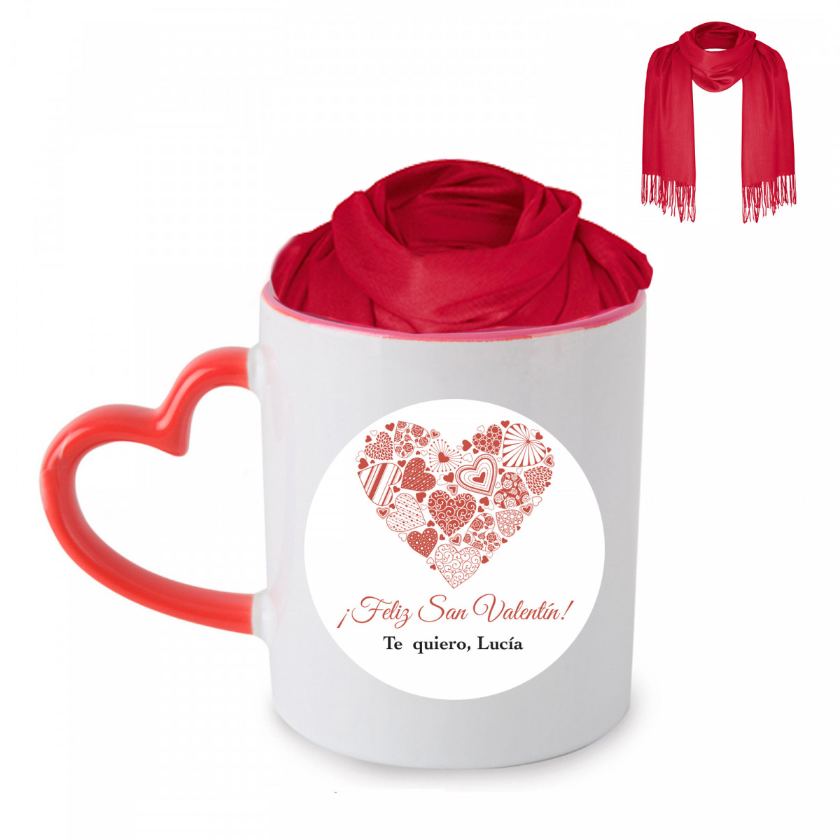 Chal burdeos en taza con asa de corazón y adhesivo romántico para san valentín