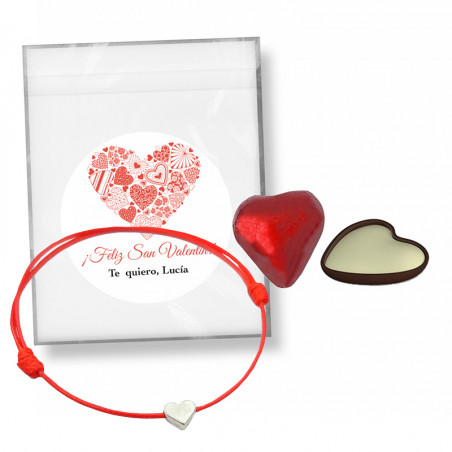 Pulsera de cordón con corazón y bombones en bolsa con adhesivo personalizado para regalar