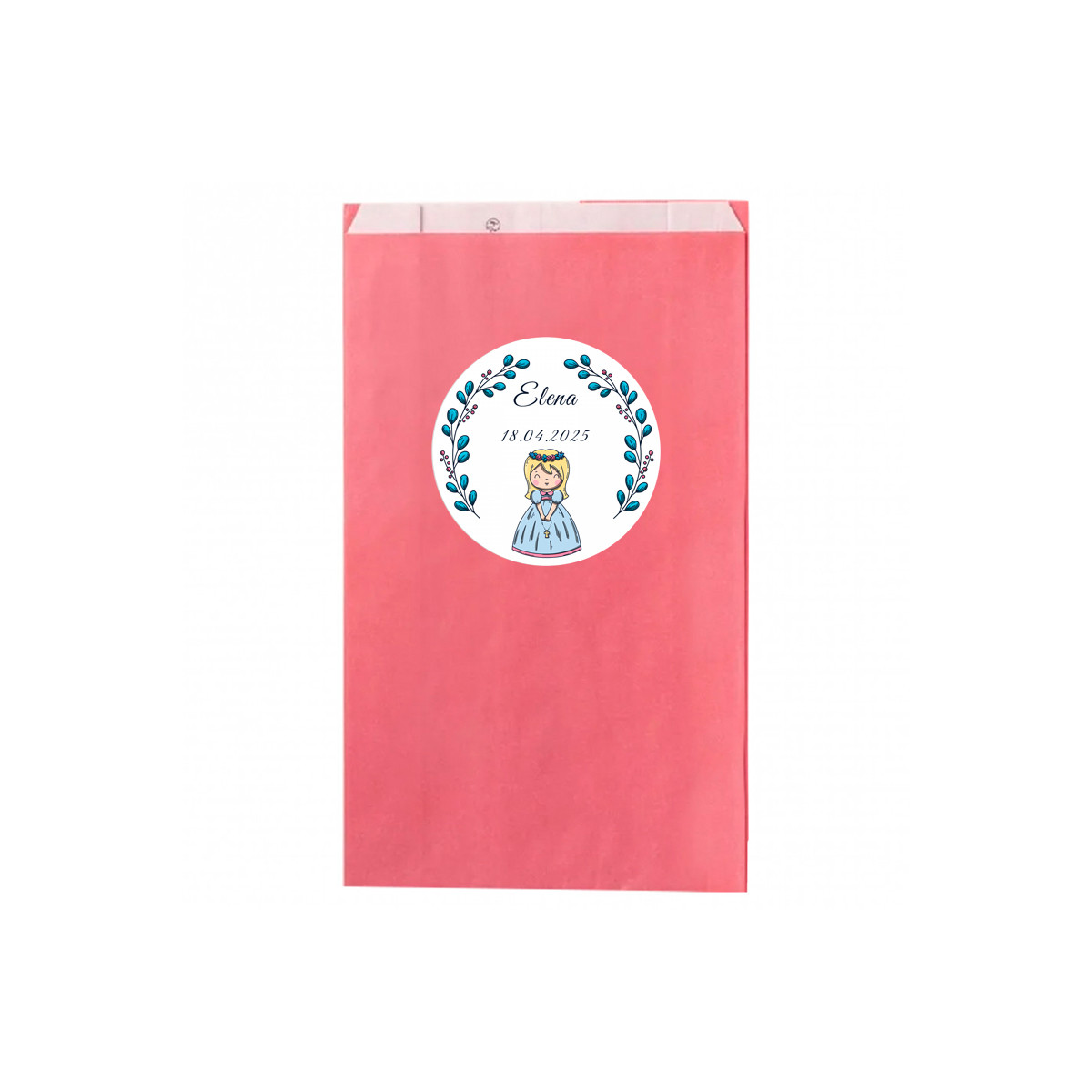 Bolsa kraft rosa personalizada con adhesivo para primera comunión niña
