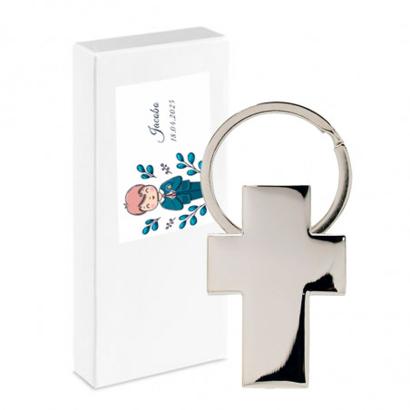 Llavero cruz metálico en caja personalizada con adhesivo primera comunión niño