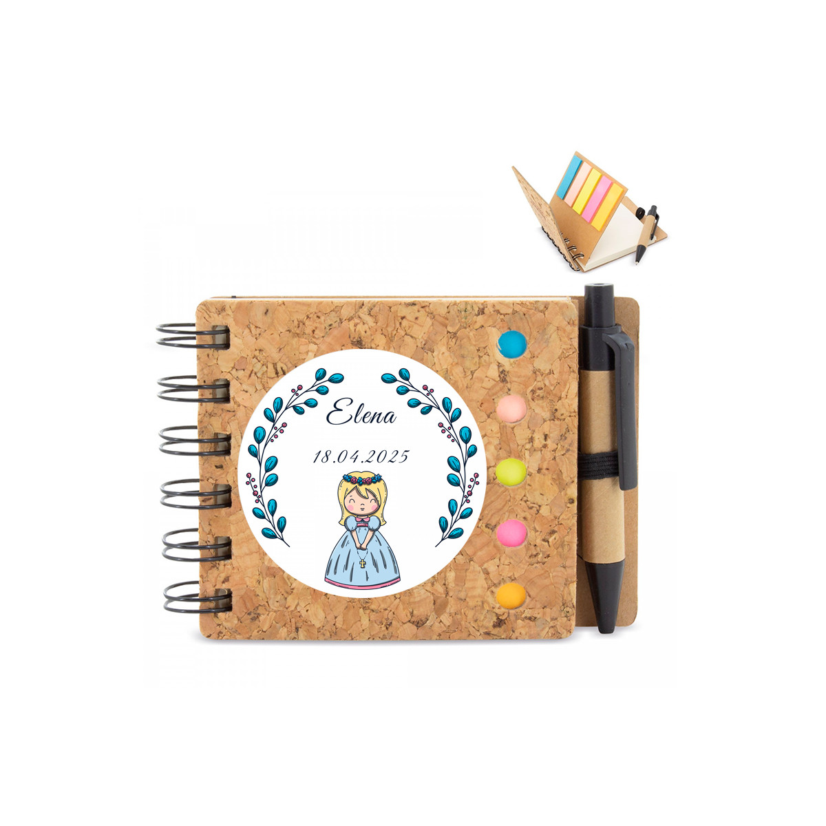 Libreta eco de corcho personalizada con adhesivo primera comunión para detalles niña