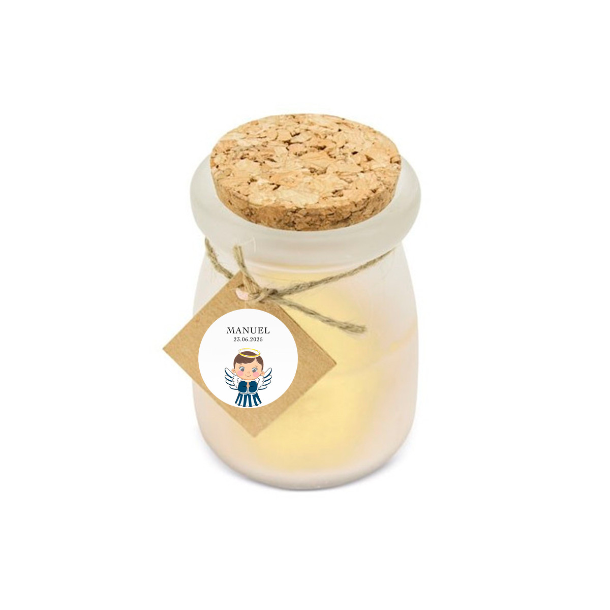 Vela aromática de vainilla con adhesivo diseño ángel para detalles bautizo niño