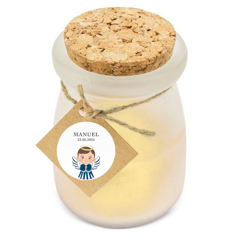 Vela aromática de vainilla con adhesivo diseño ángel para detalles bautizo niño
