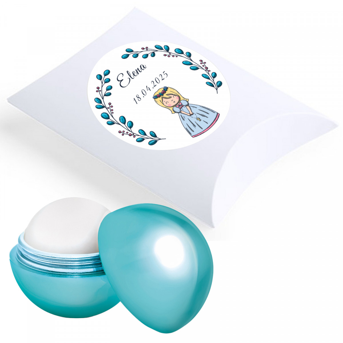 Bálsamo labial personalizado para primera comunión con estuche y pegatina decorativa