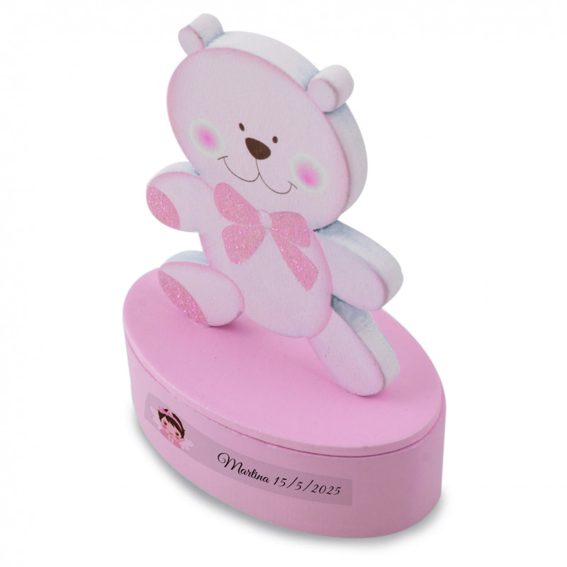 Cajita de madera en forma de oso rosa personalizada recuerdo dulce para bautizo