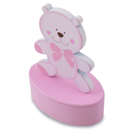 Cajita de madera en forma de oso rosa personalizada recuerdo dulce para bautizo
