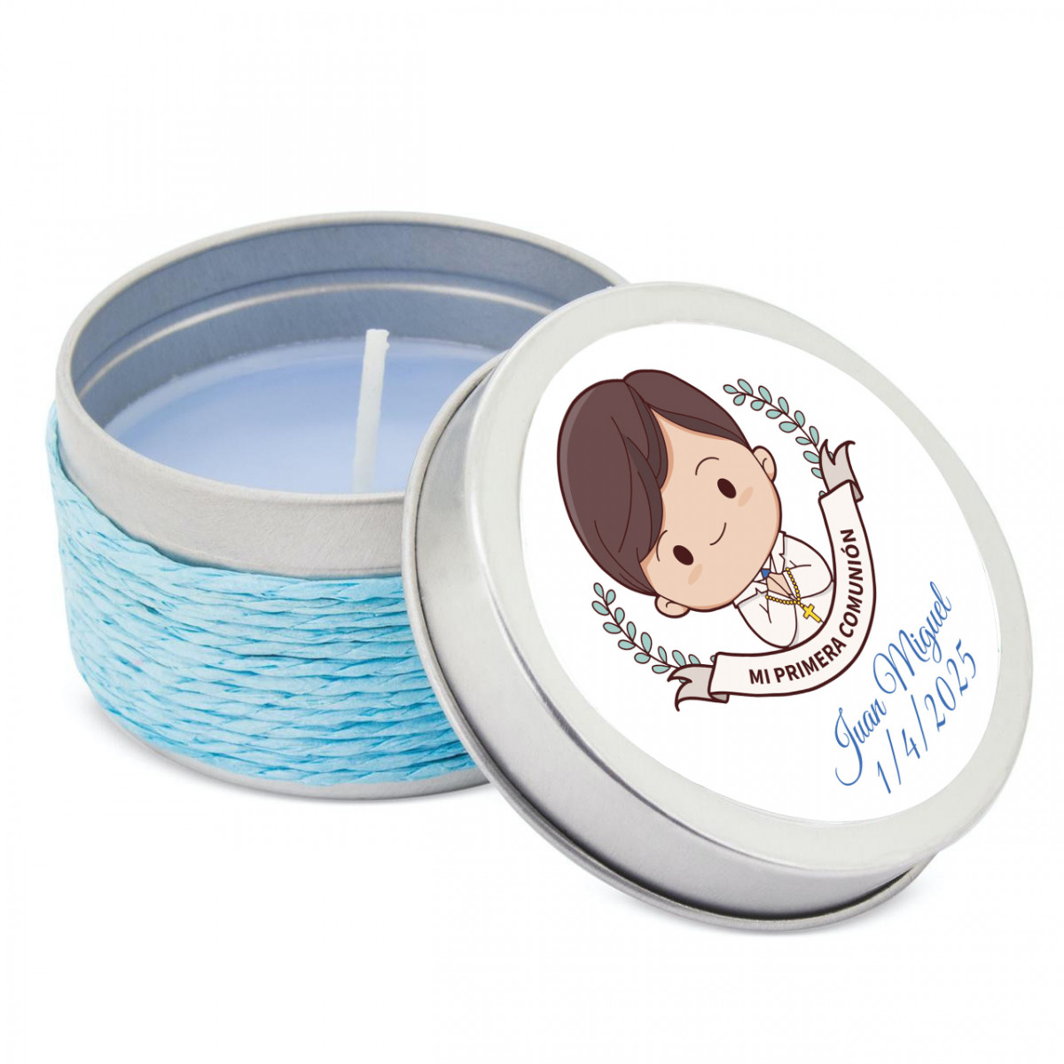 Detalles Comunión Niño Vela en Lata Personalizada