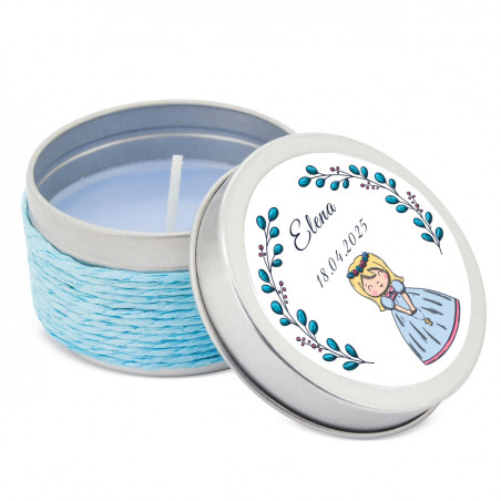 Vela aromática en lata personalizada para primera comunión recuerdo dulce y decorativo