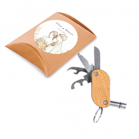 Llavero multiusos con herramientas en estuche kraft personalizado para bodas