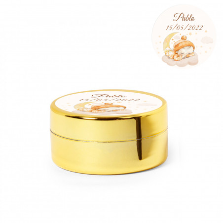 Bálsamo labial en estuche dorado personalizado con adhesivo de bautizo para regalar