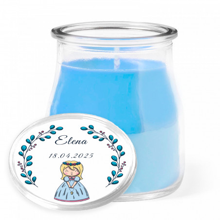 Vela aromática en tarro de cristal con tapa personalizada para detalles primera comunión