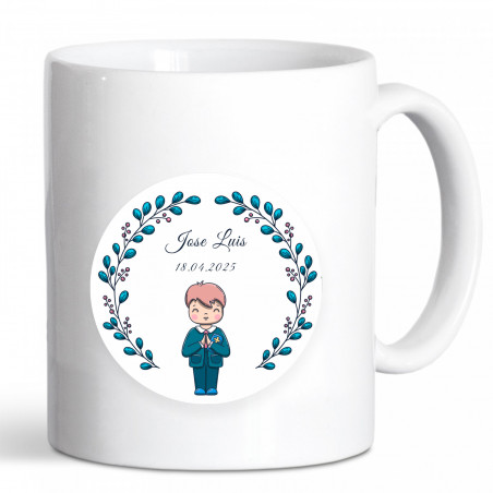 Taza de cerámica con adhesivo personalizable para detalles primera comunión niño