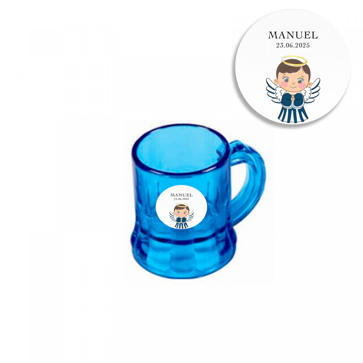 Jarra de chupito azul con adhesivo de ángel niño para bautizos