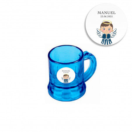 Jarra de chupito azul con adhesivo de ángel niño para bautizos