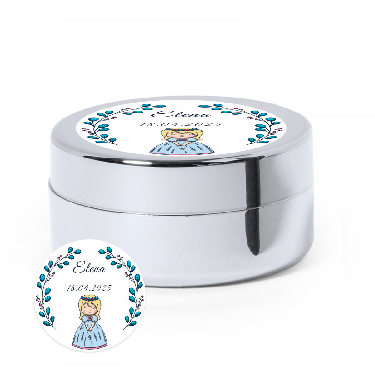 Bálsamo plata con elegante adhesivo personalizable para detalles primera comunión niña