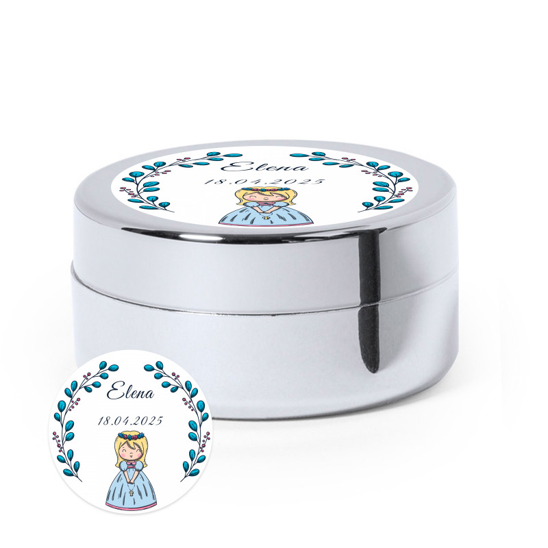 Bálsamo plata con elegante adhesivo personalizable para detalles primera comunión niña