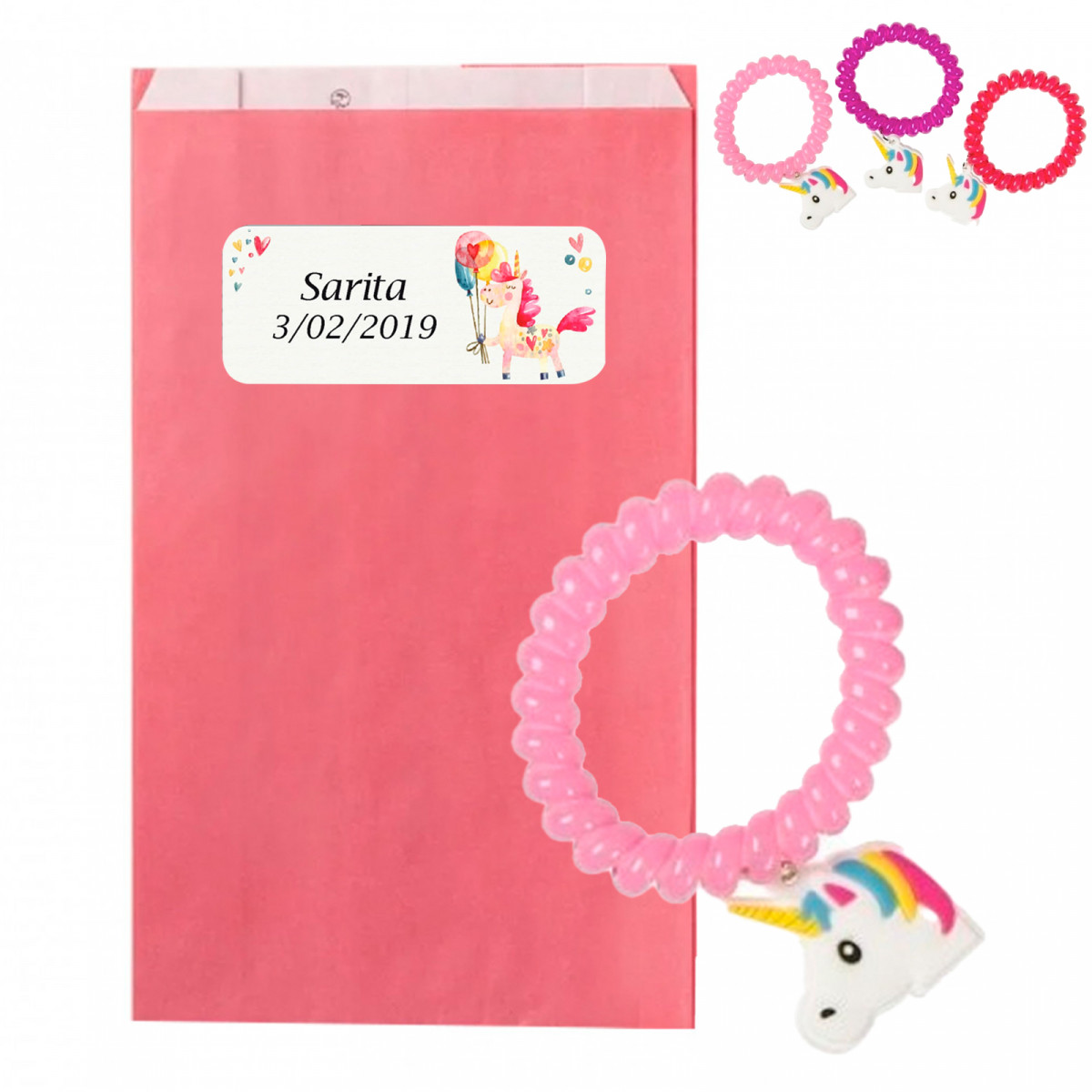 Pulsera unicornio en sobre kraft rosa con adhesivo personalizable para regalar