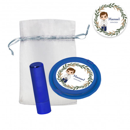 Brillo labial y espejo azules personalizado en bolsa de organza para comunión de niño