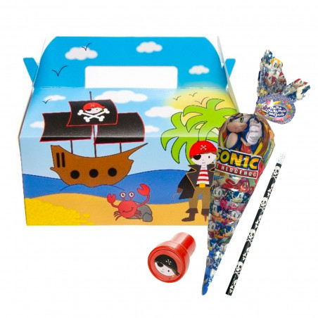 Caja pirata con lápiz sello y bolsa de chuches para niños