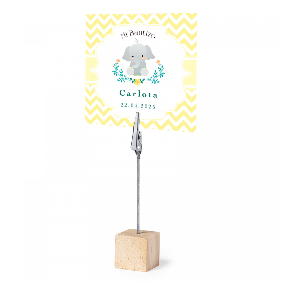 Soporte con pinza y tarjeta personalizada de bautizo