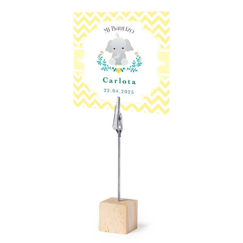 Soporte con pinza y tarjeta personalizada de bautizo