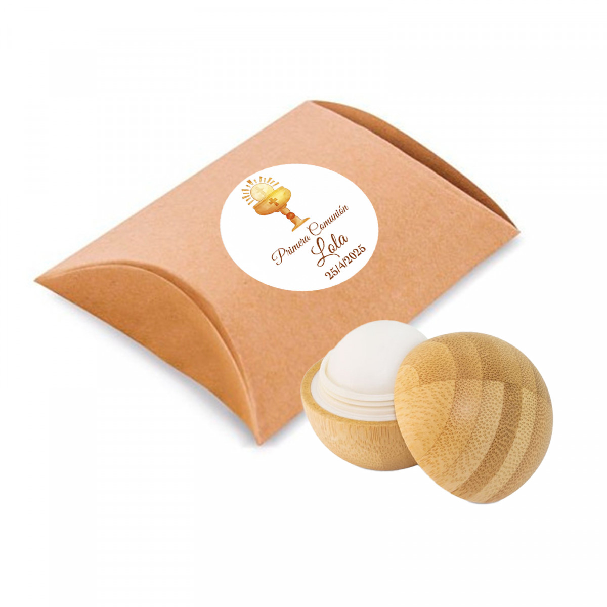Bálsamo labial eco de bambú en estuche kraft con adhesivo para Primera Comunión