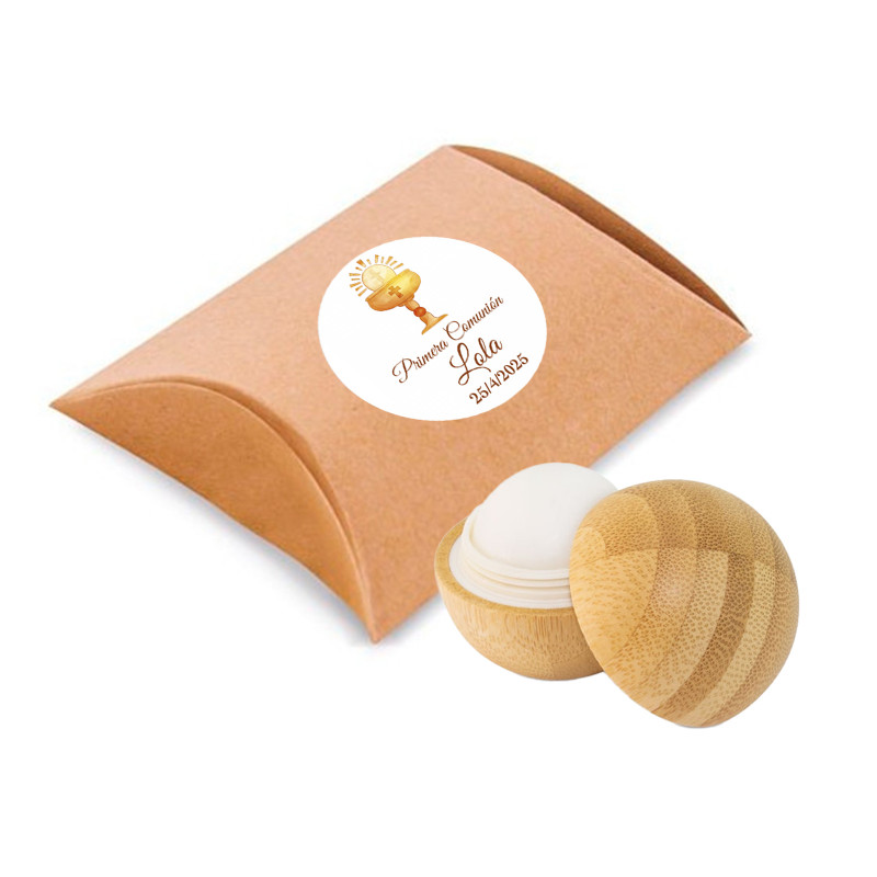 Bálsamo labial eco de bambú en estuche kraft con adhesivo para Primera Comunión