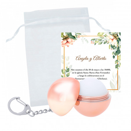 Bálsamo labial en llavero con tarjeta recordatorio floral en bolsa de organza blanca para eventos